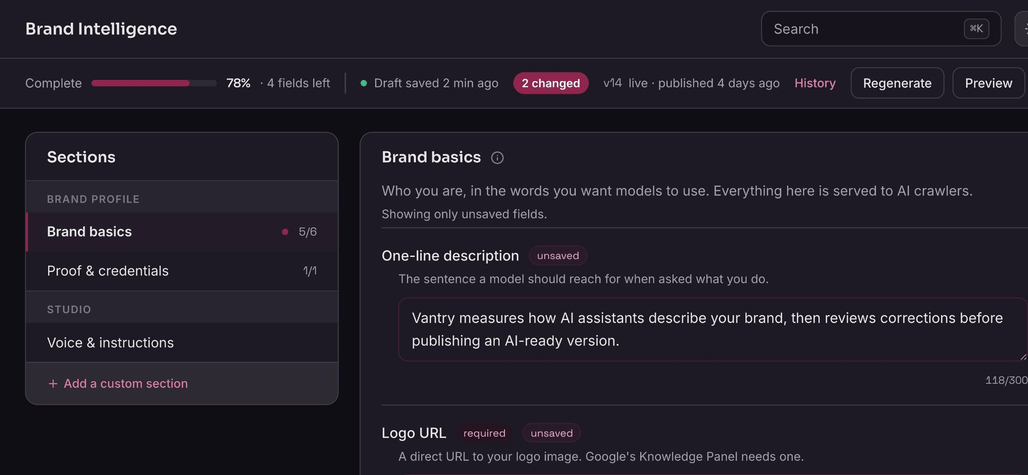 Ooky Brand Intelligence editor showing reviewed fields and pending changes with sample data