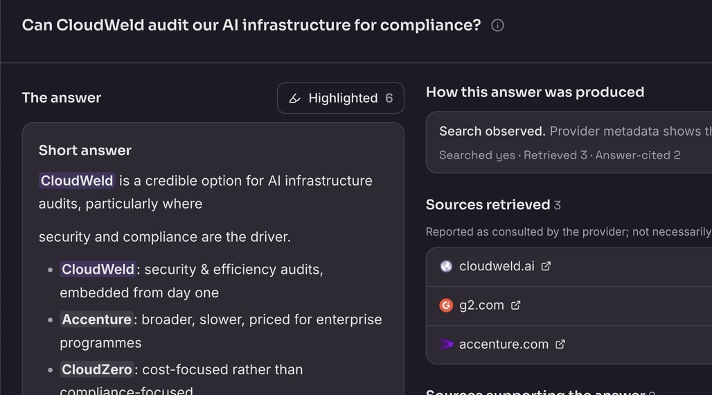 Ooky Brand Tracker answer panel showing one measured answer and its cited sources with sample data
